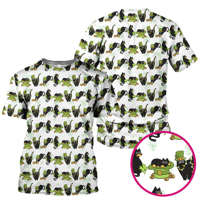 St. Patrick Black Cat Clover Print Nurse Scrub Top, Comfortable Scrubs for Nurses