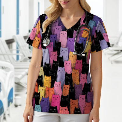 Colorful Cat Art Medical Pattern Scrub Top, Comfortable Scrubs for Nurses