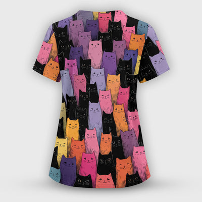 Colorful Cat Art Medical Pattern Scrub Top, Comfortable Scrubs for Nurses