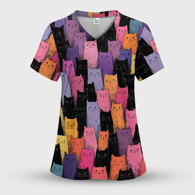 Colorful Cat Art Medical Pattern Scrub Top, Comfortable Scrubs for Nurses
