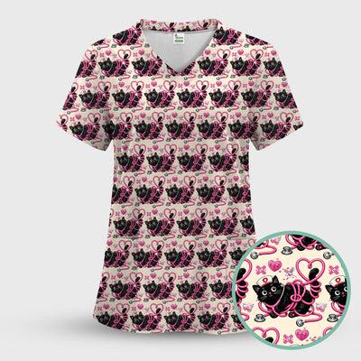 Valentine Cute Cat Nurse Heart Print Scrub Top, Comfortable Scrubs for Nurses