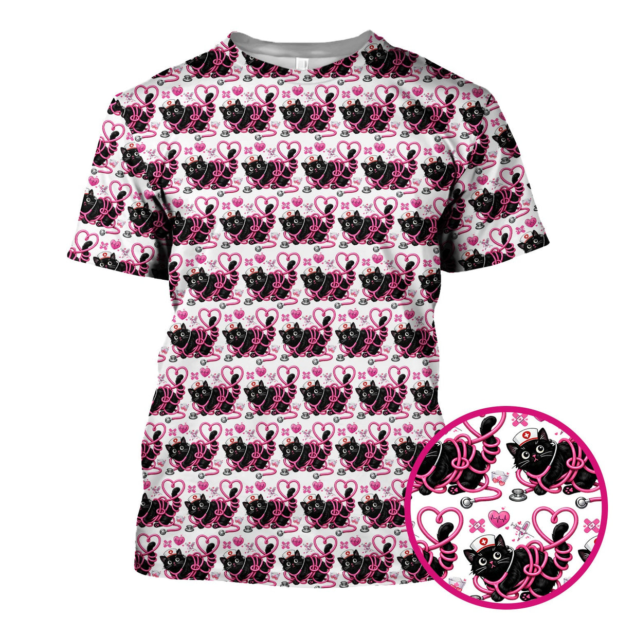 Valentine Cute Cat Nurse Heart Print Scrub Top, Comfortable Scrubs for Nurses