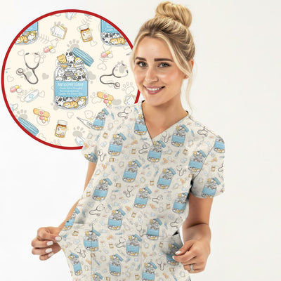 Cute Antidepressant Cat Jar Print Nurse Scrub Top, Breathable Fabrics Nursing Uniform