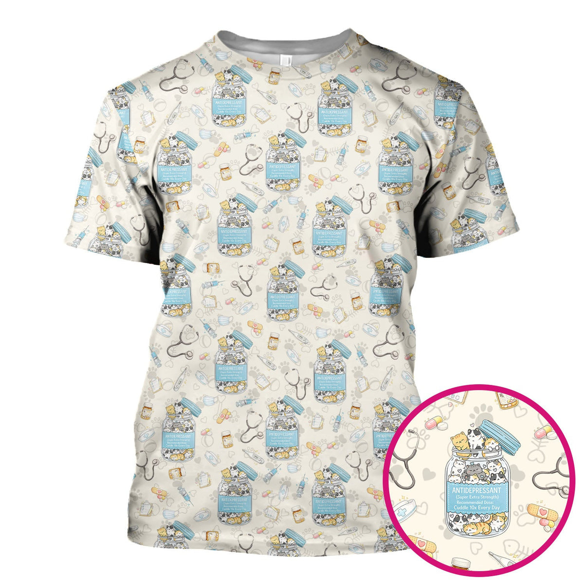Cute Antidepressant Cat Jar Print Nurse Scrub Top, Breathable Fabrics Nursing Uniform