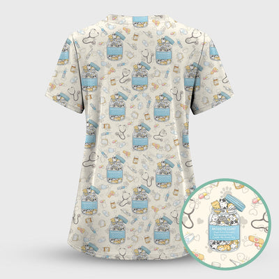 Cute Antidepressant Cat Jar Print Nurse Scrub Top, Breathable Fabrics Nursing Uniform