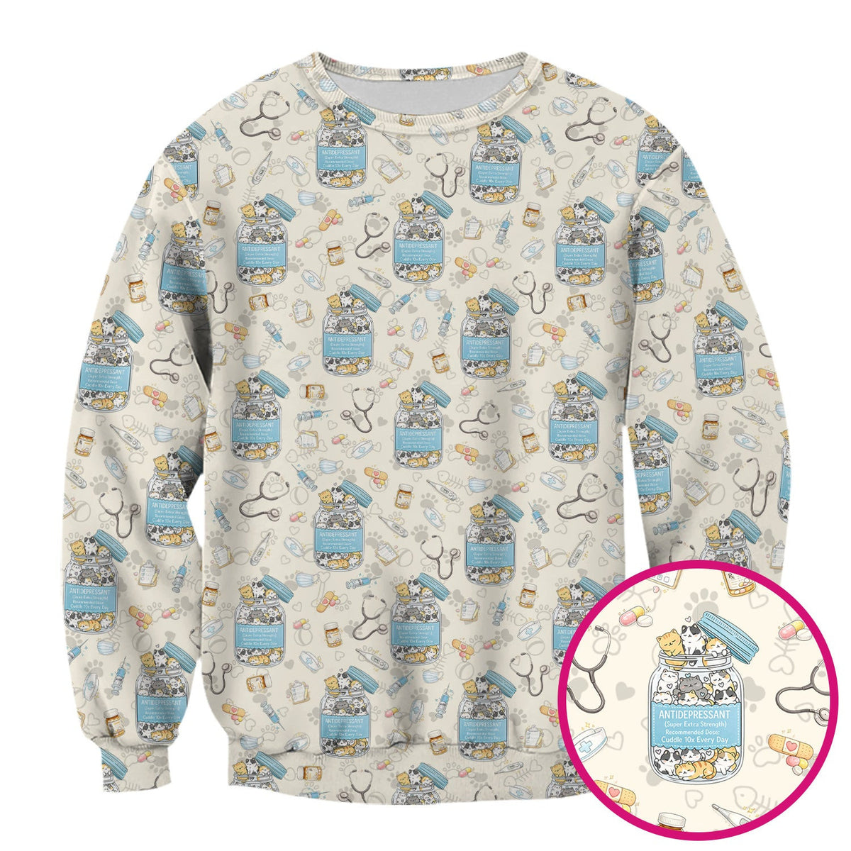 Cute Antidepressant Cat Jar Print Nurse Scrub Top, Breathable Fabrics Nursing Uniform