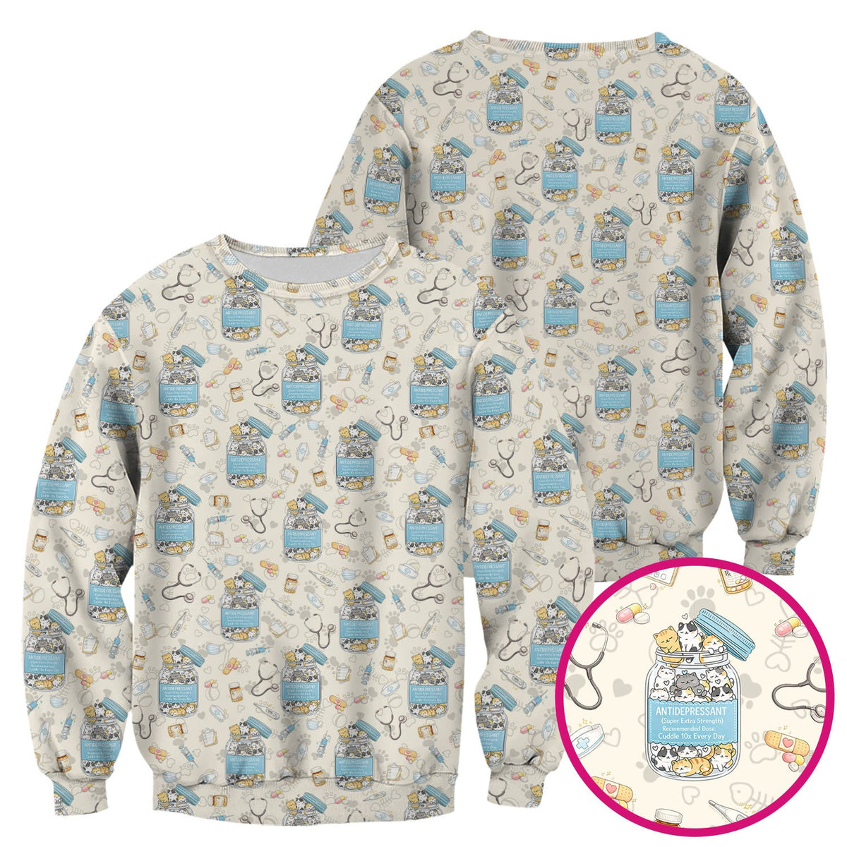 Cute Antidepressant Cat Jar Print Nurse Scrub Top, Breathable Fabrics Nursing Uniform