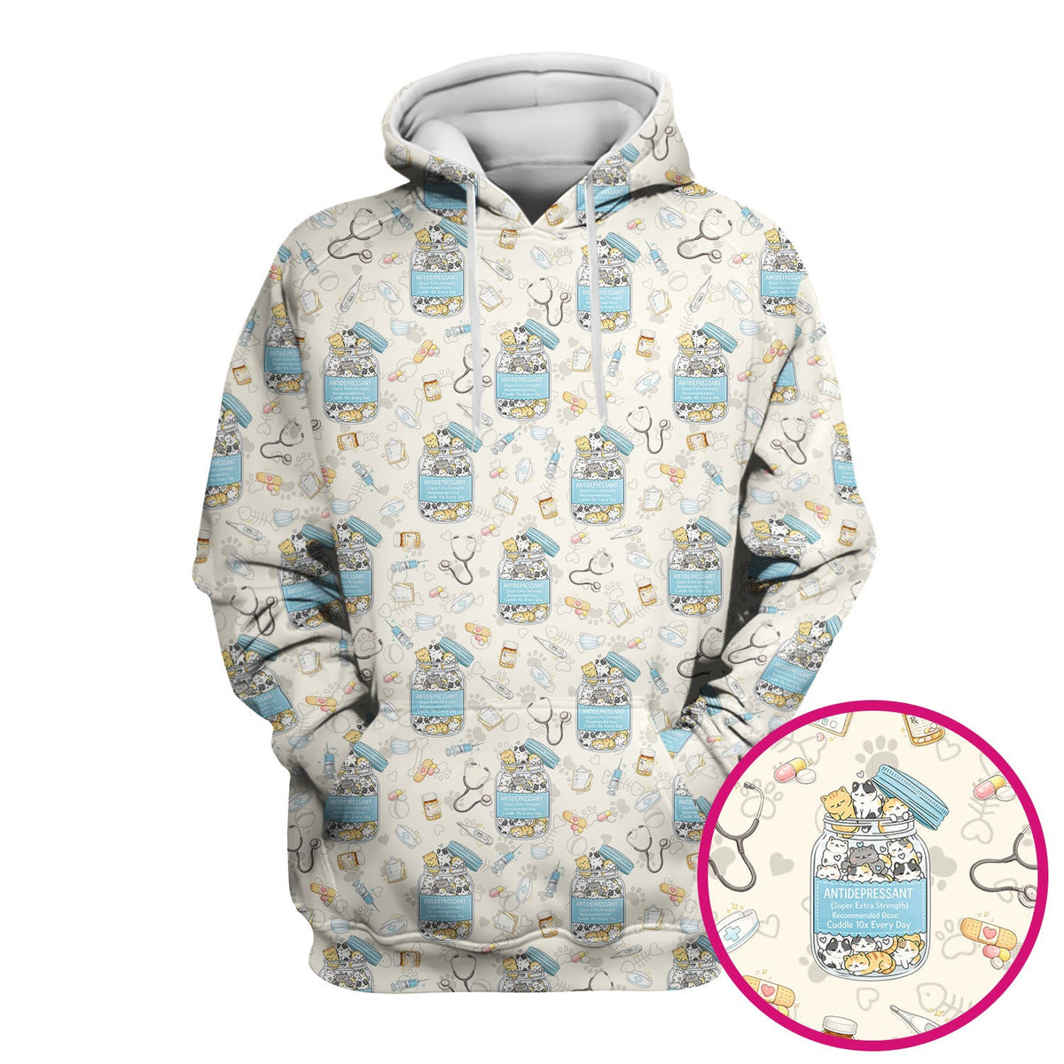 Cute Antidepressant Cat Jar Print Nurse Scrub Top, Breathable Fabrics Nursing Uniform