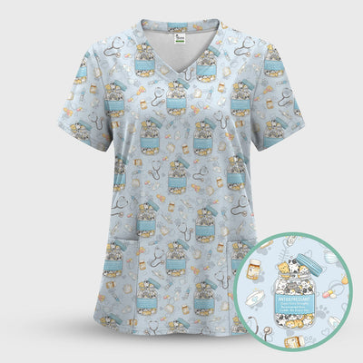 Cute Antidepressant Cat Jar Print Nurse Scrub Top, Breathable Fabrics Nursing Uniform