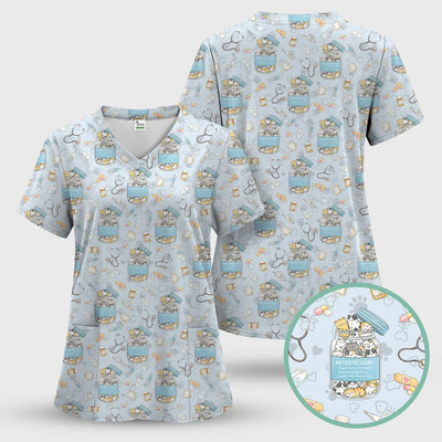 Cute Antidepressant Cat Jar Print Nurse Scrub Top, Breathable Fabrics Nursing Uniform