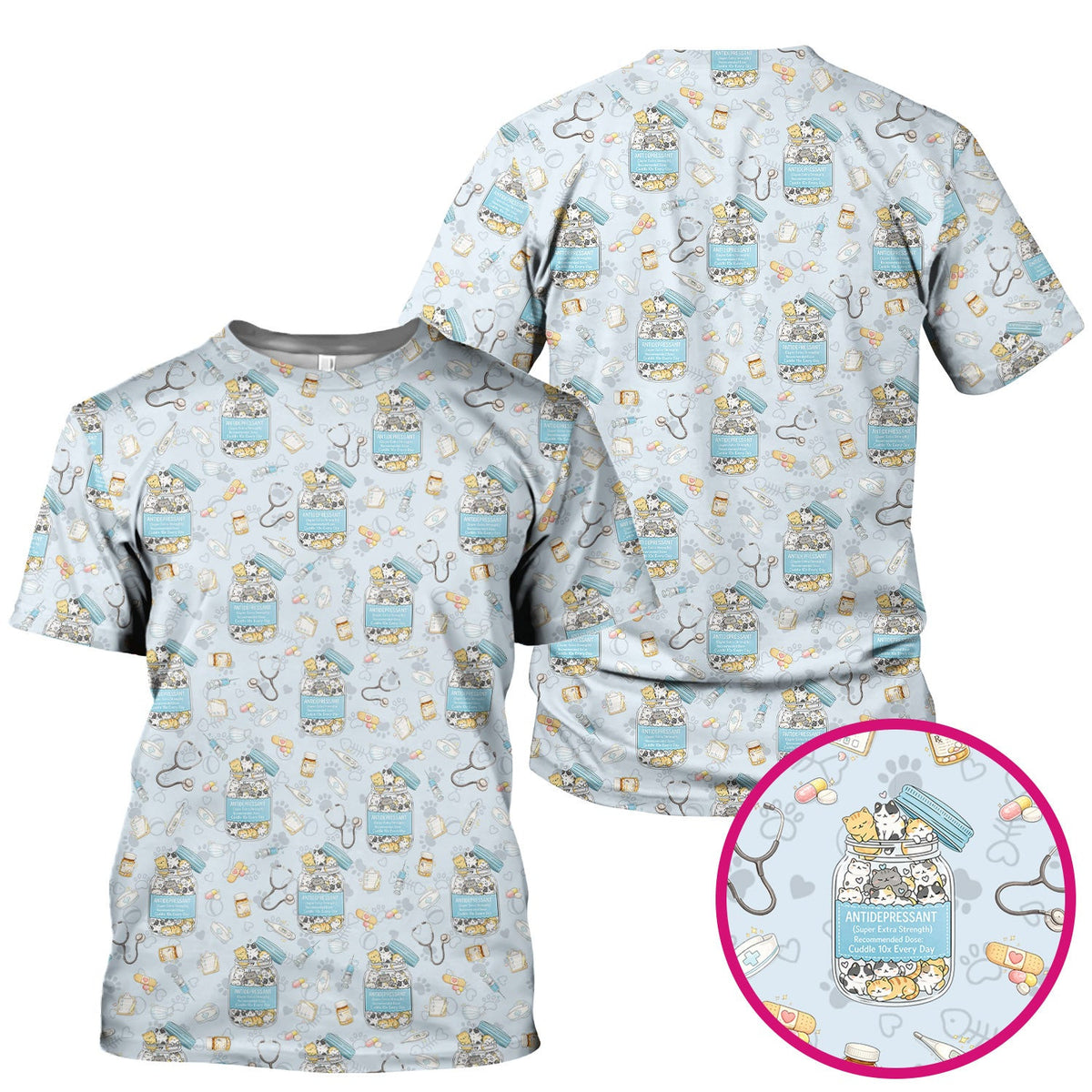 Cute Antidepressant Cat Jar Print Nurse Scrub Top, Breathable Fabrics Nursing Uniform