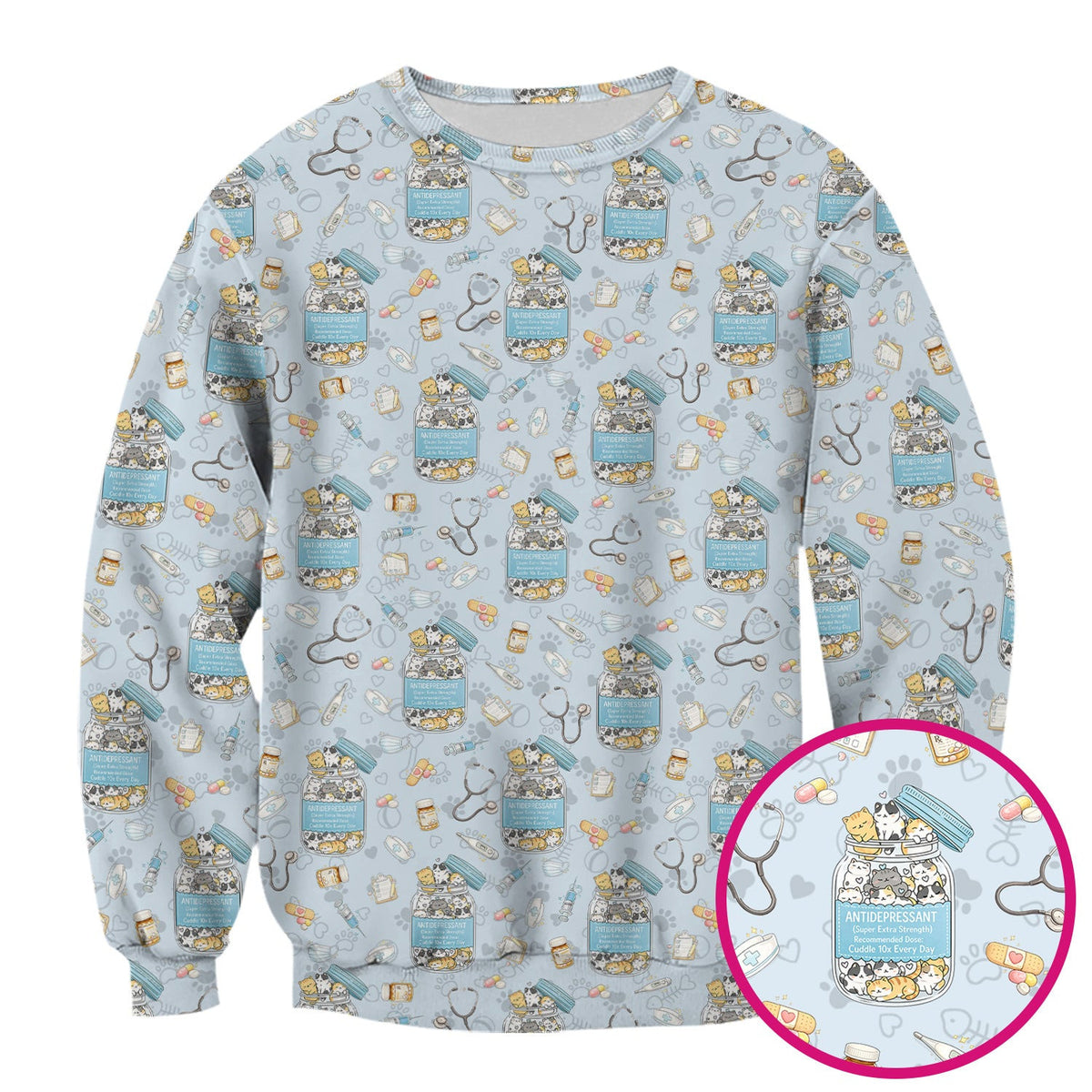 Cute Antidepressant Cat Jar Print Nurse Scrub Top, Breathable Fabrics Nursing Uniform