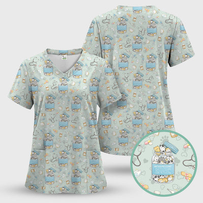 Cute Antidepressant Cat Jar Print Nurse Scrub Top, Breathable Fabrics Nursing Uniform