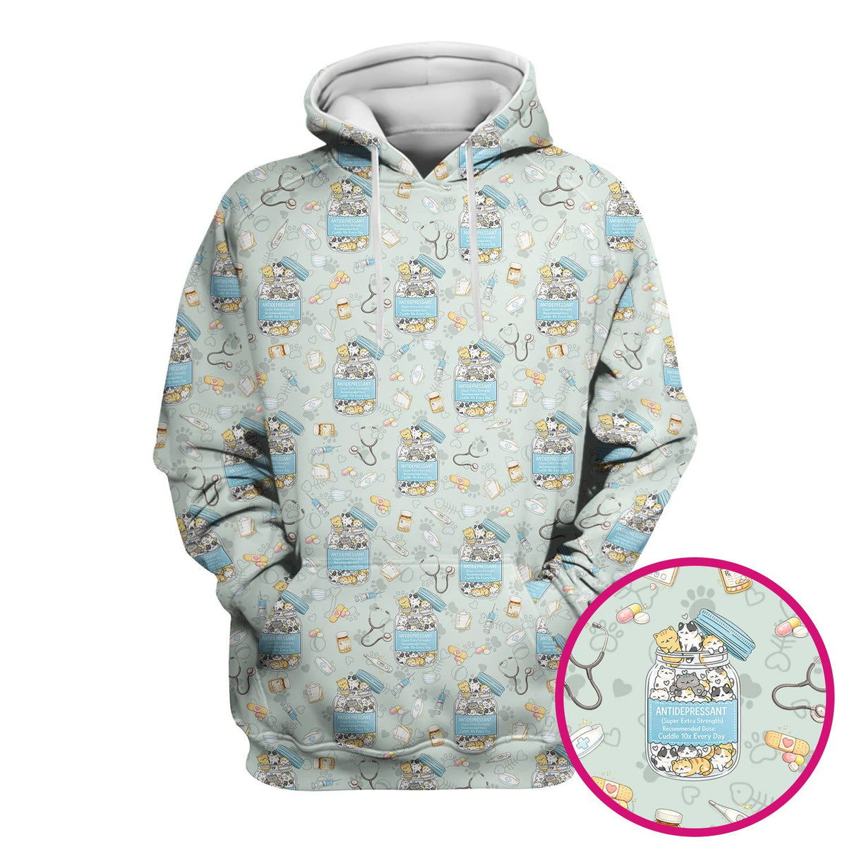 Cute Antidepressant Cat Jar Print Nurse Scrub Top, Breathable Fabrics Nursing Uniform