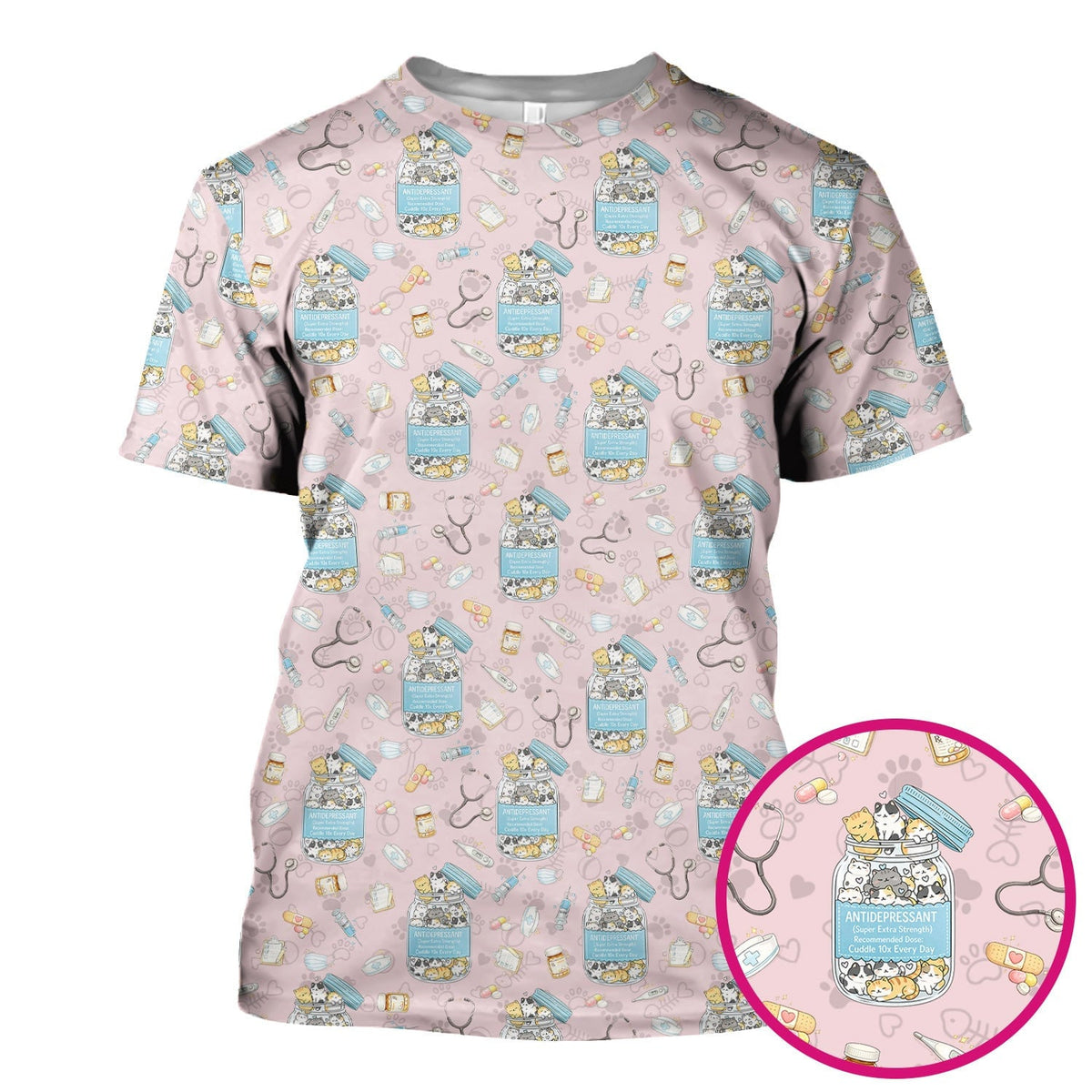 Cute Antidepressant Cat Jar Print Nurse Scrub Top, Breathable Fabrics Nursing Uniform