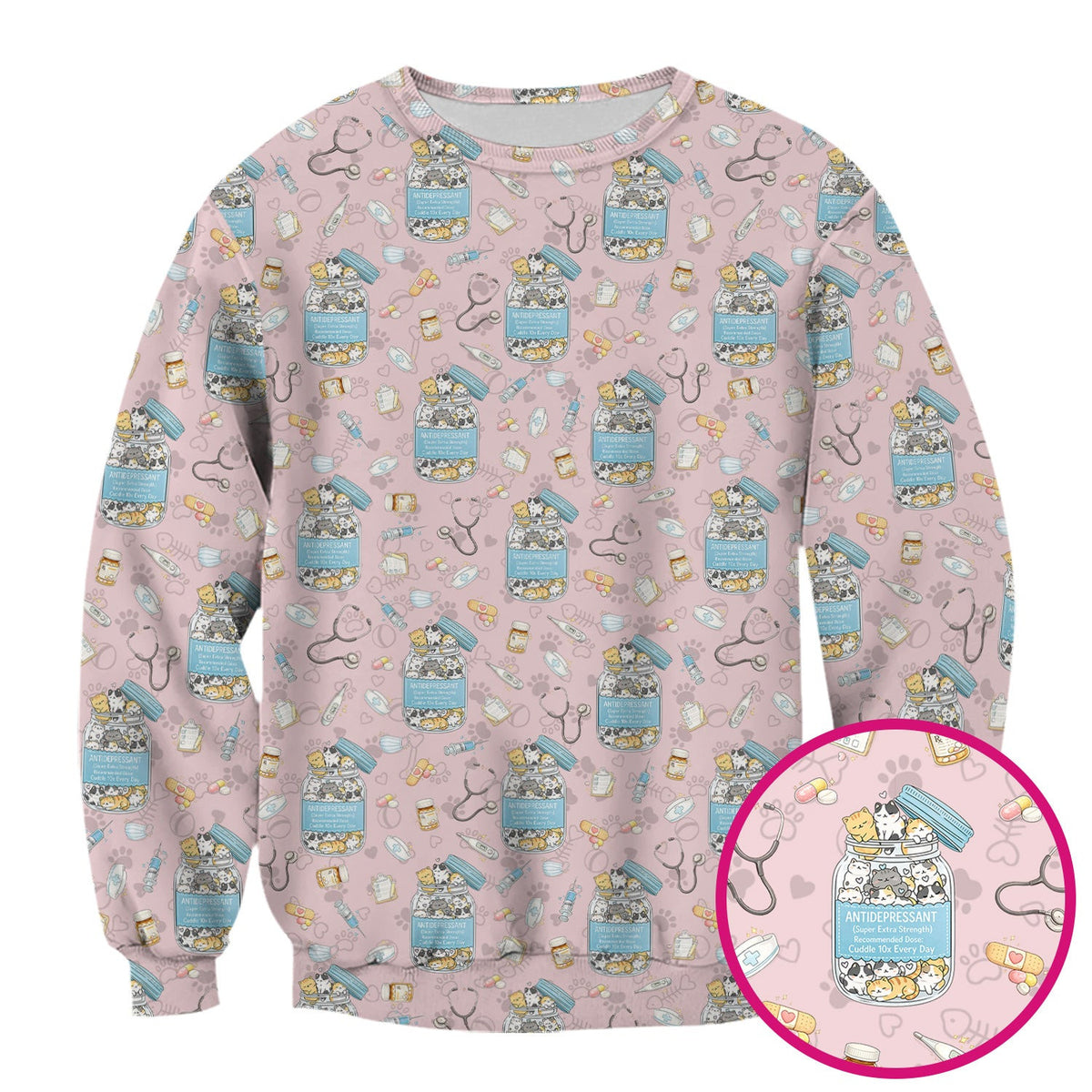 Cute Antidepressant Cat Jar Print Nurse Scrub Top, Breathable Fabrics Nursing Uniform