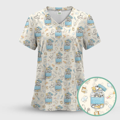 Cute Antidepressant Cat Jar Print Nurse Scrub Top, Breathable Fabrics Nursing Uniform