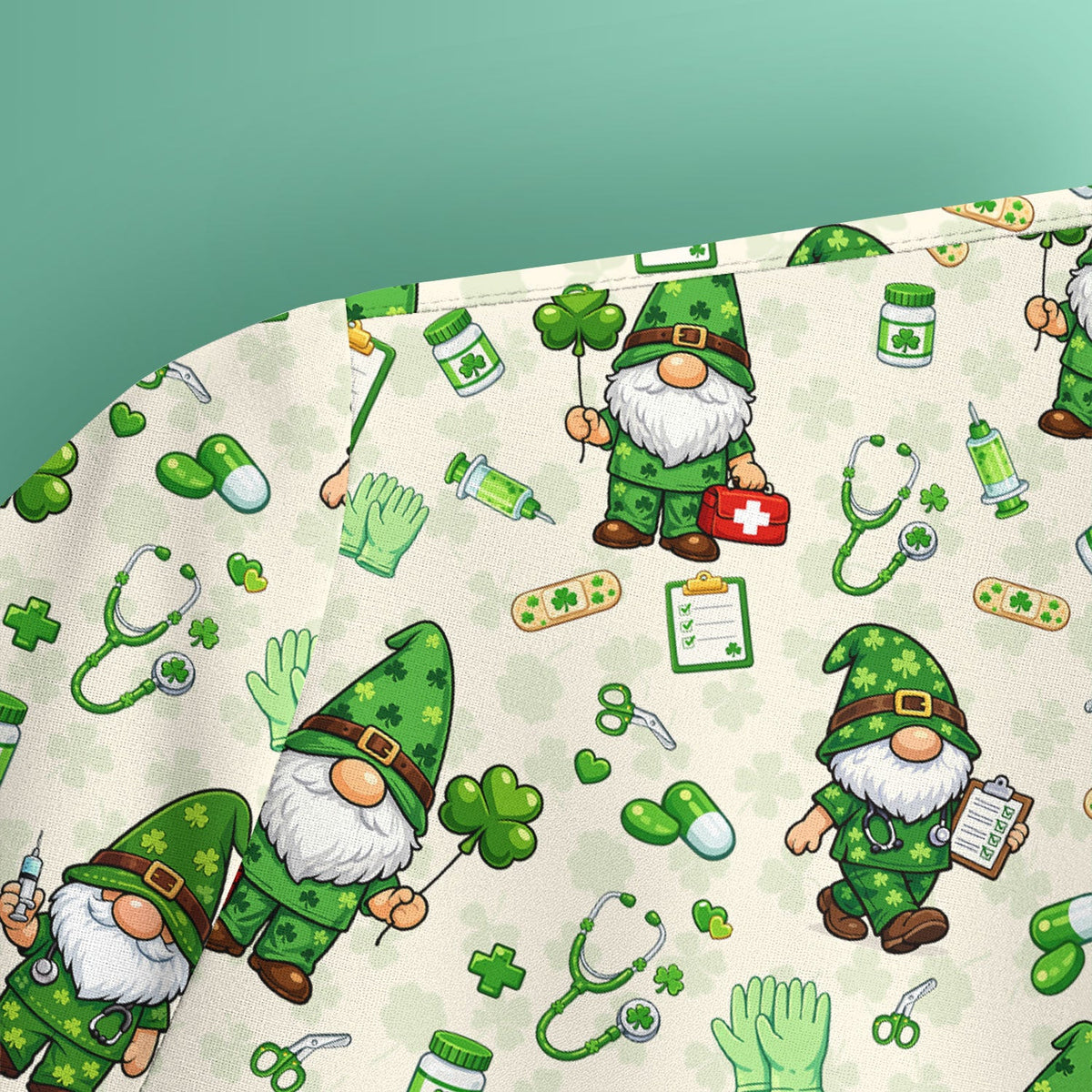 St. Patrick’s Day Nurse Gnome Scrub Top, Green Lucky Medical Pattern Nurse Shirt, Breathable Fabrics Nursing Uniform