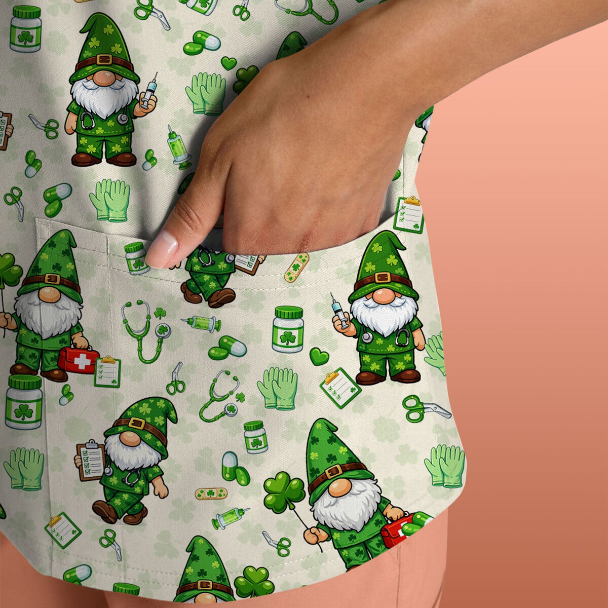 St. Patrick’s Day Nurse Gnome Scrub Top, Green Lucky Medical Pattern Nurse Shirt, Breathable Fabrics Nursing Uniform