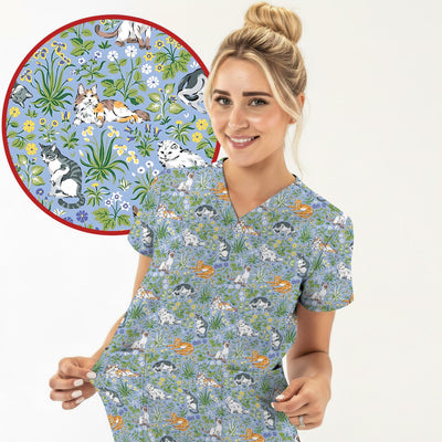 Cute Floral Cat Garden Pattern Scrub Top, Comfortable Scrubs for Nurses