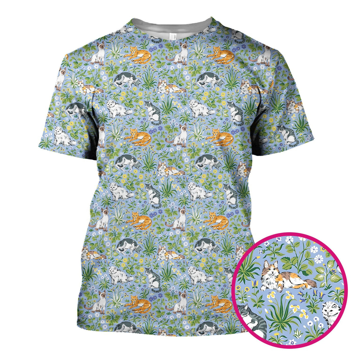 Cute Floral Cat Garden Pattern Scrub Top, Comfortable Scrubs for Nurses