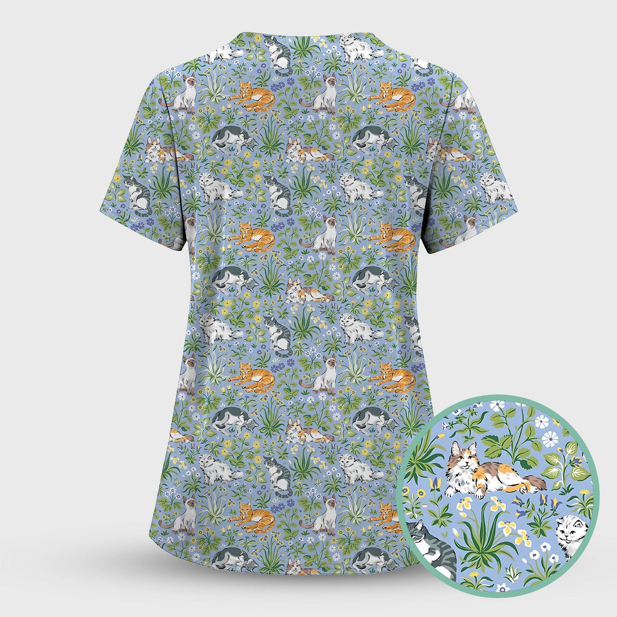 Cute Floral Cat Garden Pattern Scrub Top, Comfortable Scrubs for Nurses