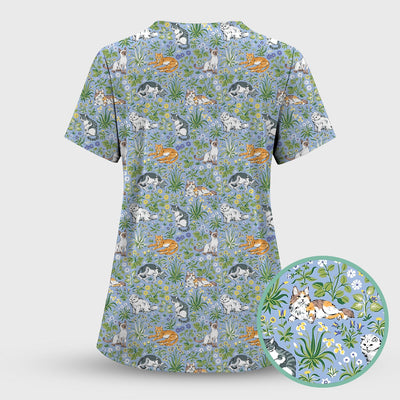 Cute Floral Cat Garden Pattern Scrub Top, Comfortable Scrubs for Nurses