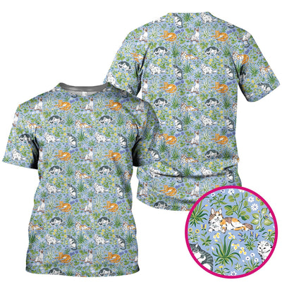 Cute Floral Cat Garden Pattern Scrub Top, Comfortable Scrubs for Nurses