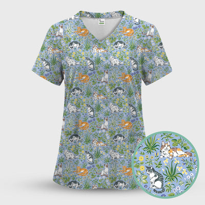 Cute Floral Cat Garden Pattern Scrub Top, Comfortable Scrubs for Nurses