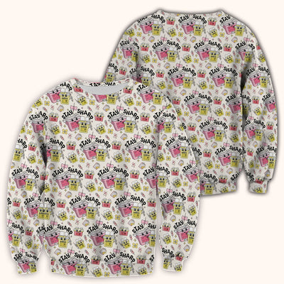 Stay Sharp Nurse Scrub Top, Cute Medical Pattern Scrubs, Breathable Fabrics Nursing Uniform