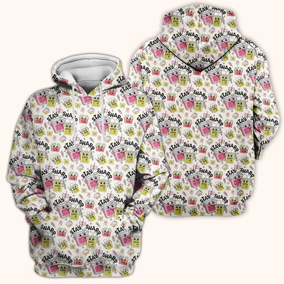 Stay Sharp Nurse Scrub Top, Cute Medical Pattern Scrubs, Breathable Fabrics Nursing Uniform