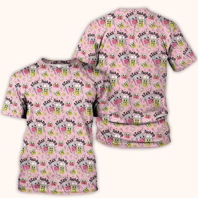 Stay Sharp Nurse Scrub Top, Cute Medical Pattern Scrubs, Breathable Fabrics Nursing Uniform