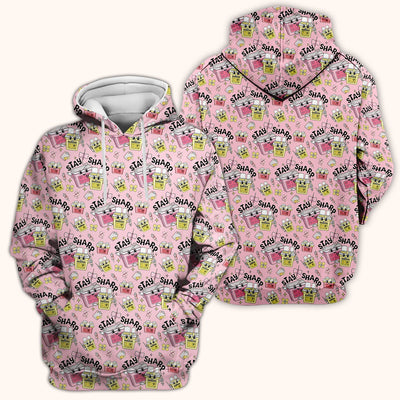 Stay Sharp Nurse Scrub Top, Cute Medical Pattern Scrubs, Breathable Fabrics Nursing Uniform