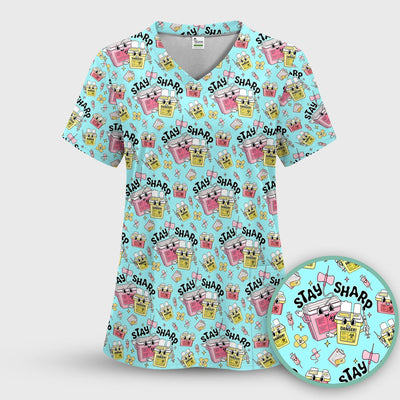 Stay Sharp Nurse Scrub Top, Cute Medical Pattern Scrubs, Breathable Fabrics Nursing Uniform
