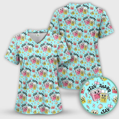 Stay Sharp Nurse Scrub Top, Cute Medical Pattern Scrubs, Breathable Fabrics Nursing Uniform