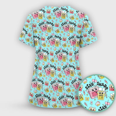 Stay Sharp Nurse Scrub Top, Cute Medical Pattern Scrubs, Breathable Fabrics Nursing Uniform