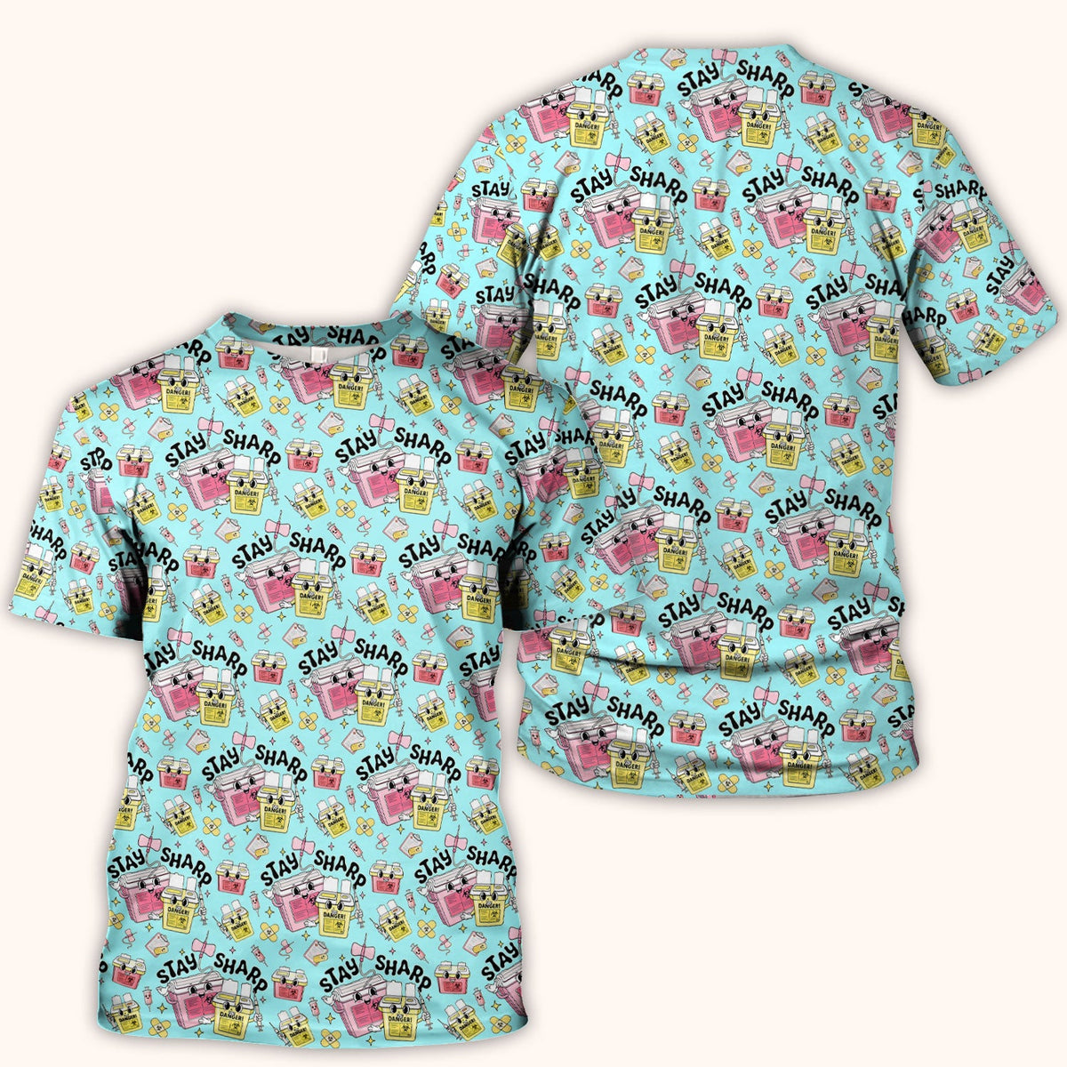 Stay Sharp Nurse Scrub Top, Cute Medical Pattern Scrubs, Breathable Fabrics Nursing Uniform