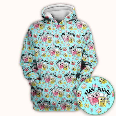Stay Sharp Nurse Scrub Top, Cute Medical Pattern Scrubs, Breathable Fabrics Nursing Uniform