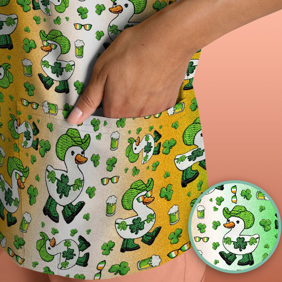 St. Patrick's Day Goose Shamrock Medical Pattern Scrub Top, Breathable Fabrics Nursing Uniform