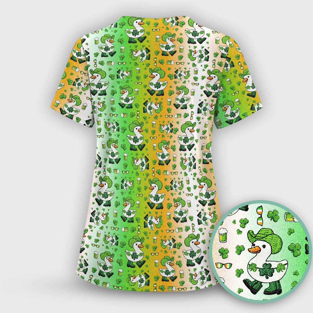 St. Patrick's Day Goose Shamrock Medical Pattern Scrub Top, Breathable Fabrics Nursing Uniform