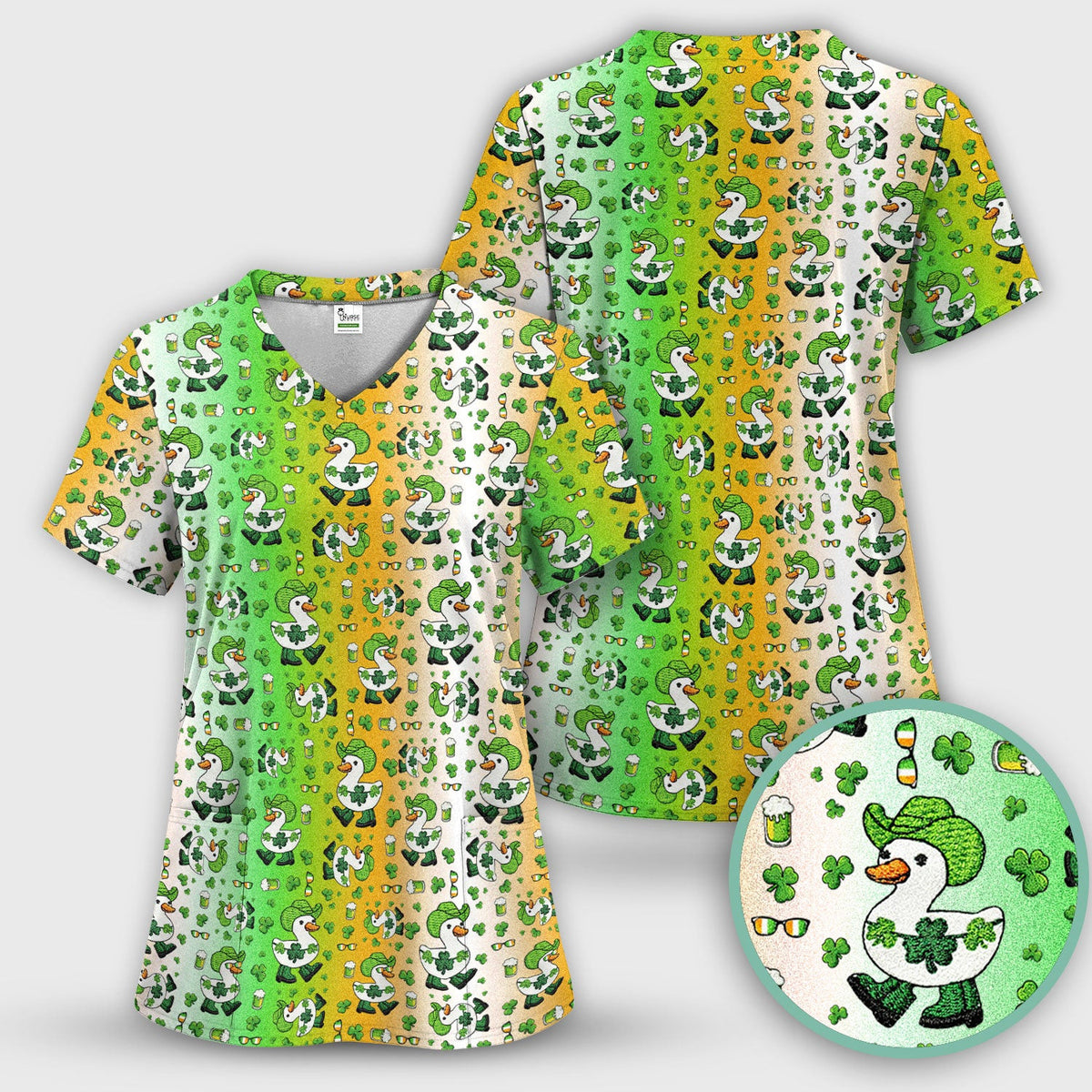 St. Patrick's Day Goose Shamrock Medical Pattern Scrub Top, Breathable Fabrics Nursing Uniform