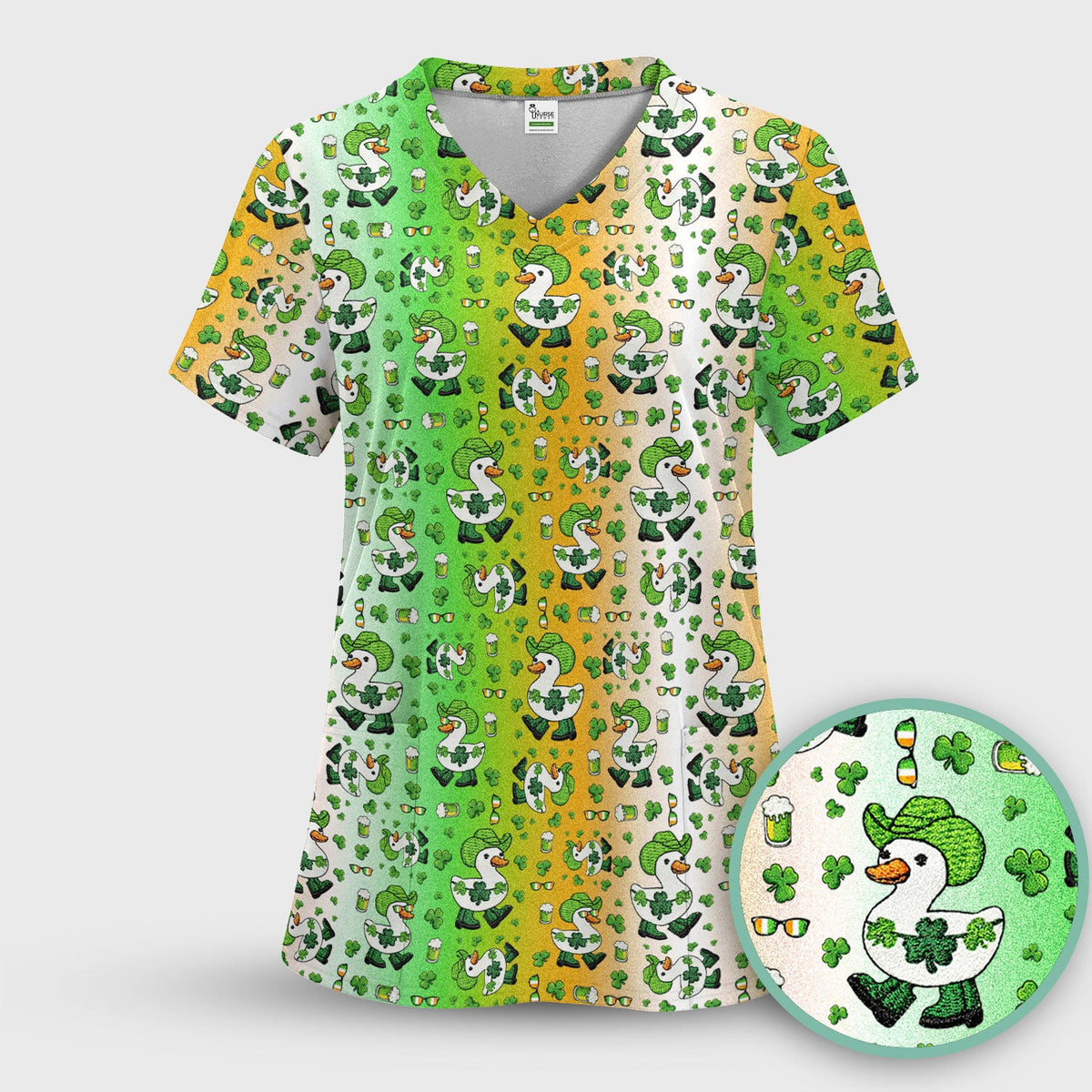 St. Patrick's Day Goose Shamrock Medical Pattern Scrub Top, Breathable Fabrics Nursing Uniform