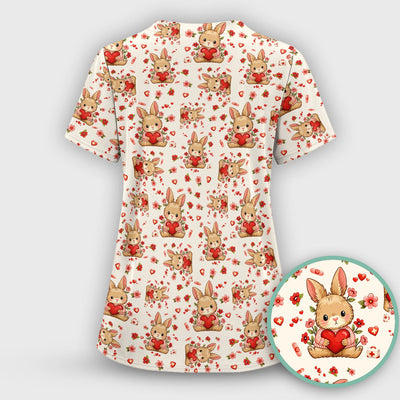Adorable Bunny Heart Healthcare Design Scrub Top, Comfortable Scrubs for Nurses, Easter