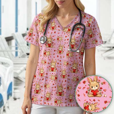 Adorable Bunny Heart Healthcare Design Scrub Top, Comfortable Scrubs for Nurses, Easter