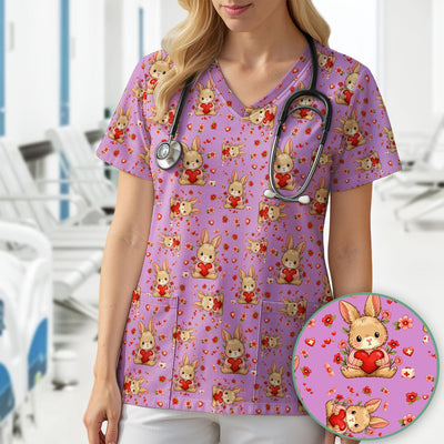 Adorable Bunny Heart Healthcare Design Scrub Top, Comfortable Scrubs for Nurses, Easter