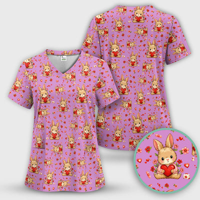 Adorable Bunny Heart Healthcare Design Scrub Top, Comfortable Scrubs for Nurses, Easter