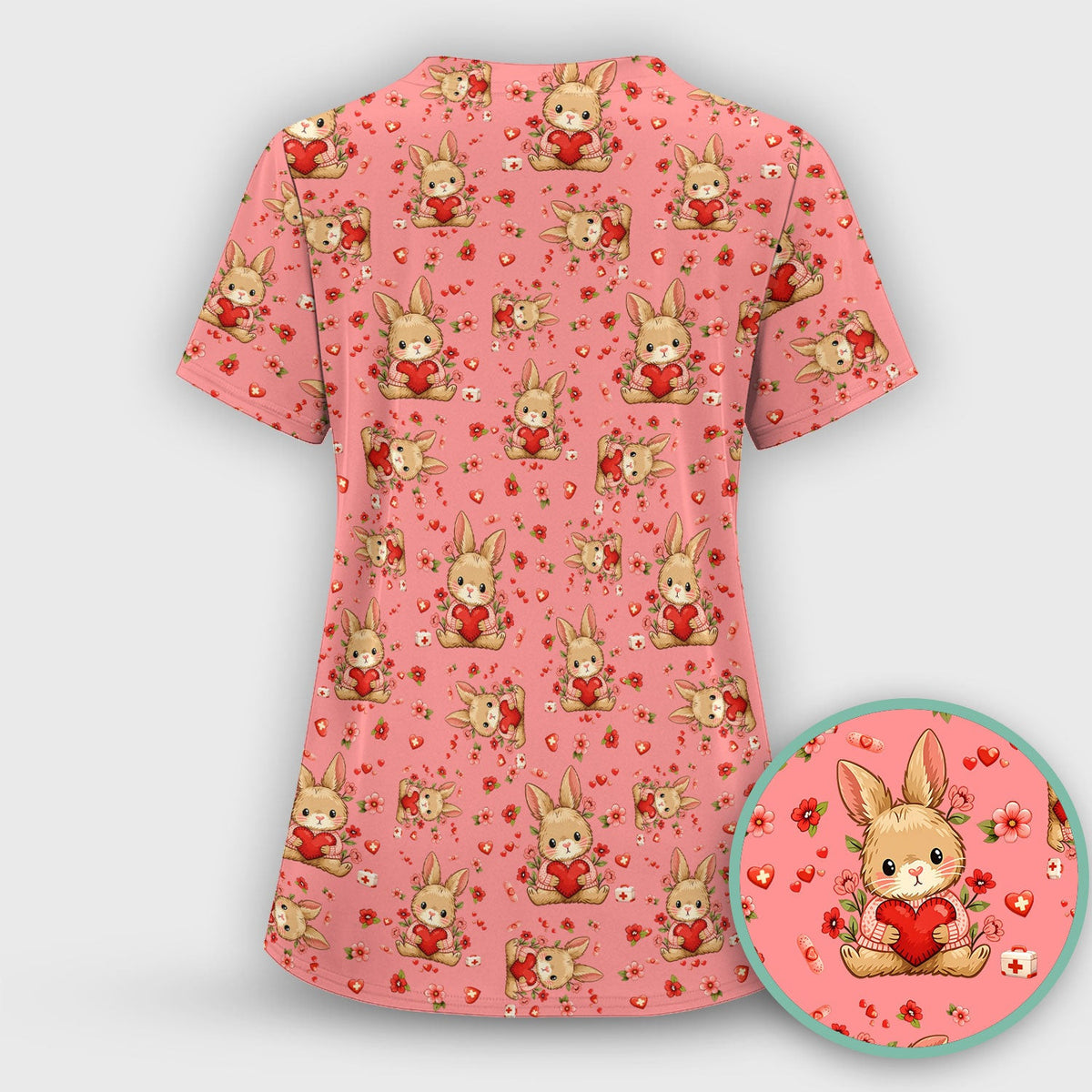 Adorable Bunny Heart Healthcare Design Scrub Top, Comfortable Scrubs for Nurses, Easter