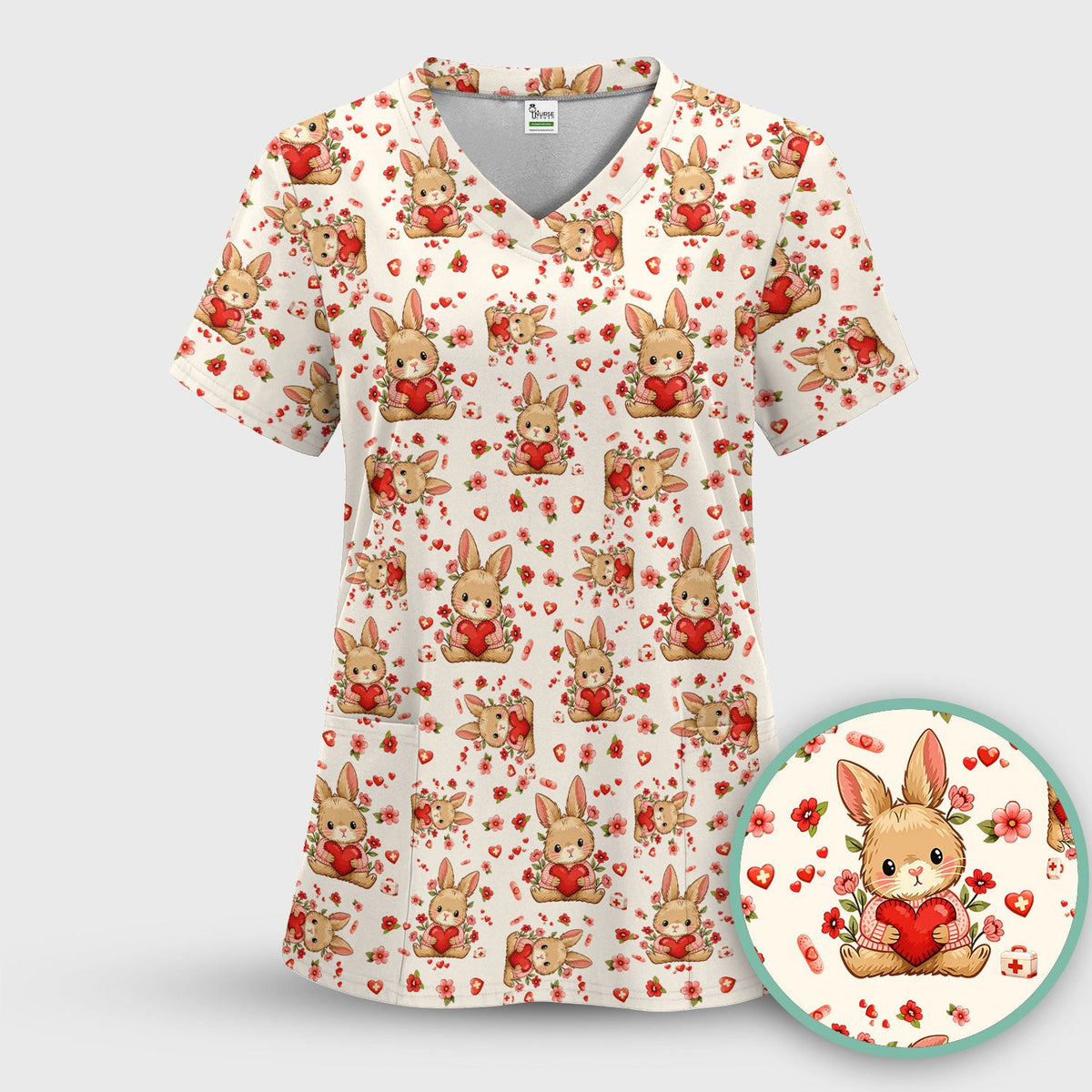 Adorable Bunny Heart Healthcare Design Scrub Top, Comfortable Scrubs for Nurses, Easter