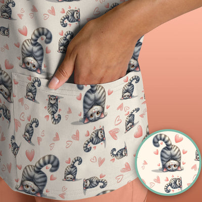 Valentine Cute Cat Scrub Top, Cat Heart Pattern Nurse Uniform, Comfortable Scrubs For Nurses