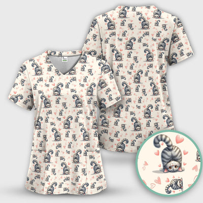 Valentine Cute Cat Scrub Top, Cat Heart Pattern Nurse Uniform, Comfortable Scrubs For Nurses